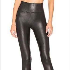 Spanx Faux Black Leather Womens Leggings Metallic Pants Gym Casual Sz Large